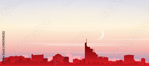 Red panoramic poster of the city skyline with misty background buildings, sunrise, moon and clouds of FRANKFURT, GERMANY