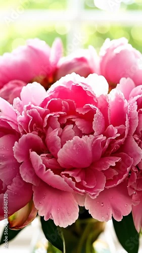 Blooming Pink Peonies With Water Droplets, Macro Shot