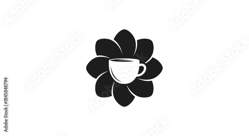 A simple black and white logo design featuring a coffee cup inside a flower.