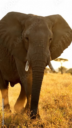 African Elephant Walking in Golden Light, Front View