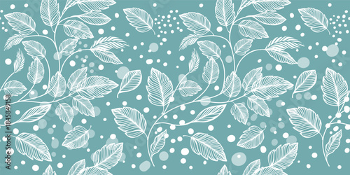 Seamless pattern of white leaves on a blue background with snow. Hand drawn. Not AI, vector illustration.