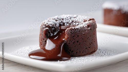 Chocolate lava cake with molten center and powdered sugar on white plate.