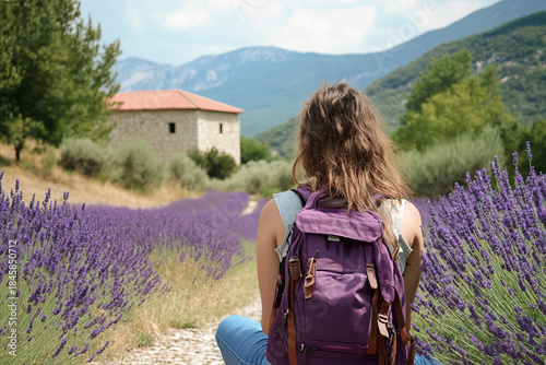 Woman with backpack enjoying lavender field landscape