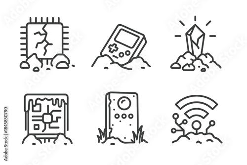 Technological Ruin Icons. Line style icons of Technological Ruins: cracked chip, buried console, luminous artifact, frozen circuit