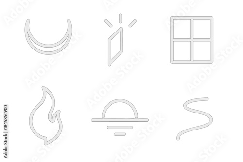 Reflective Night Icons. Line style icons of Reflective Night: upside-down moon, folded light, mirrored window frame, drifting