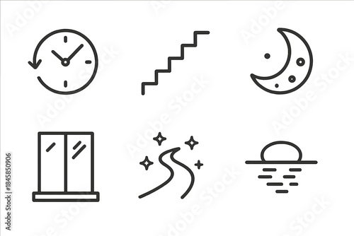 Backwards Dreams Icons. Line style icons of Backwards Dreams: reversed clock, drifting staircase, upside-down moon, mirrored