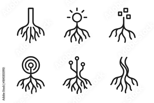 Hybrid Roots Icons. Line style icons of Hybrid Roots: chrome stem, glowing node, pixel bud, radiant pattern, circuit root, flowing
