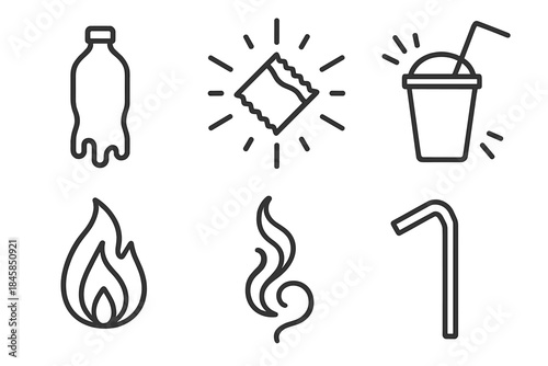 Plastic Rituals Icons. Line style icons of Plastic Rituals: melting bottle, glowing wrapper, curved straw, radiant cup, soft flame