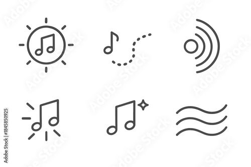 Silent Musical Icons. Line style icons of Silent Composition: glowing note ring, soft echo path, curved ripple, radiant tone, dim