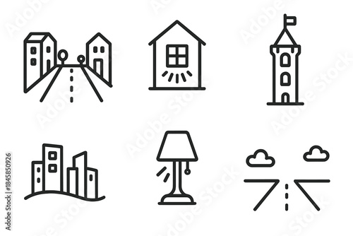 Silent Cityscape Icons. Line style icons of Silent Cities: empty street, glowing window, quiet tower, curved skyline, soft lamp,