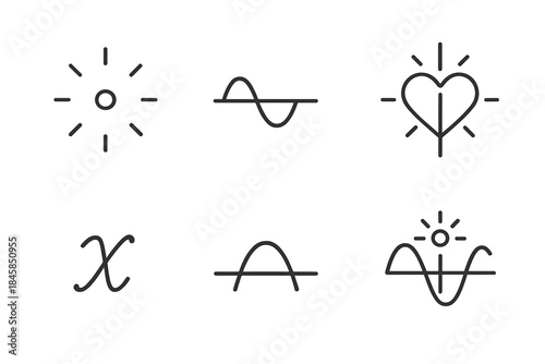 Radiant Heart Axis. Line style icons of Measured Feeling: luminous data point, curved formula, glowing line, radiant heart axis,