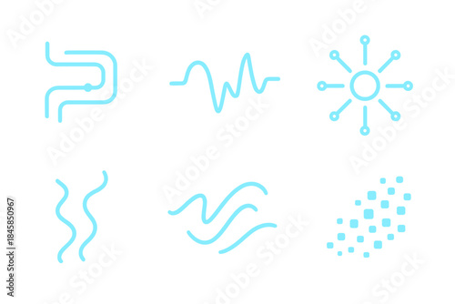 Cyber Ocean Icons. Line style icons of Cyber Ocean: glowing cable path, curved electric wave, radiant node, drifting thread,