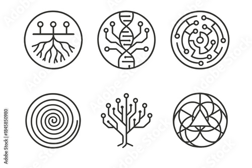 Digital Ancestry Icons. Line style vector icons of Digital Ancestry: network roots, symbolic codes, ancient circuits, light