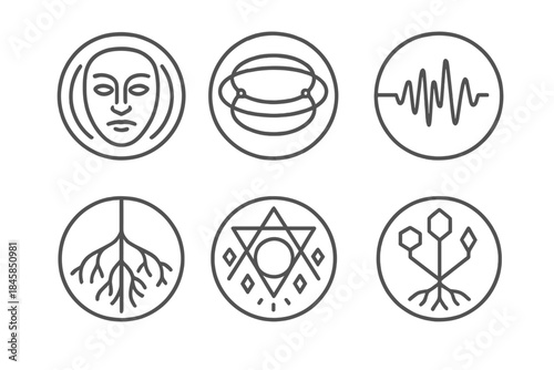 Electric Neon Icons. Line style vector icons of Electric Myth: neon masks, wire halos, pulse orbs, signal patterns, network roots,
