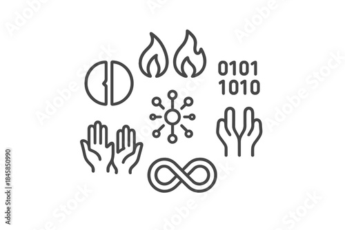 Binary Rituals Icons. Line style vector icons of Binary Rituals: split circles, dual flames, mirrored codes, abstract hands,