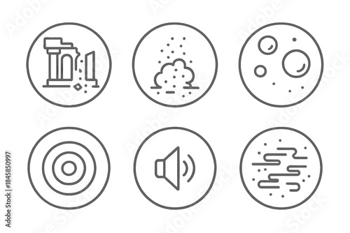 Quiet Ruins Icons. Line style vector icons of Quiet Ruins: collapsing lines, fading dust, circular debris, slow vibrations, hollow