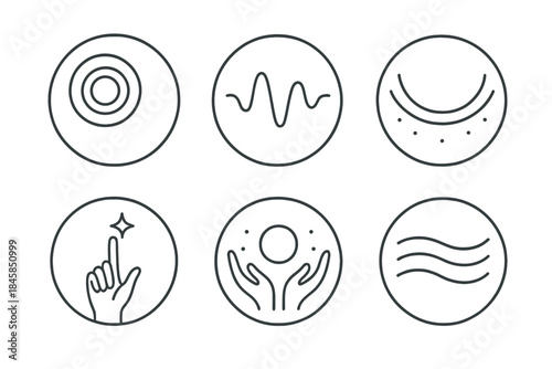 Whisper Flow Icons. Line style vector icons of Whisper Flow: gentle air rings, invisible pulse, soft arcs, glowing fingertips,