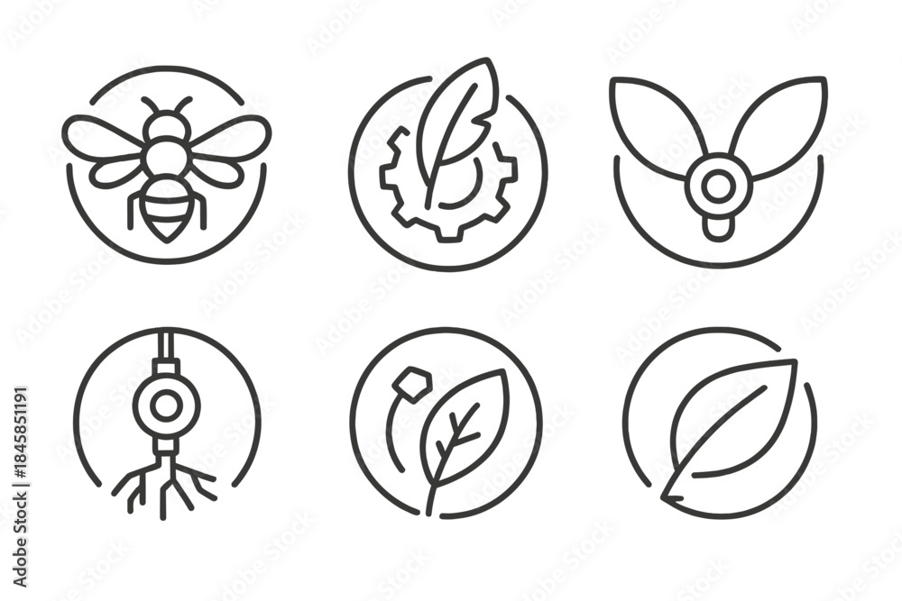 Fototapeta premium Nature Robotics Icons. Line style round vector icons of Nature Robotics: insect drone, feather gear, petal wing, shell bolt, root