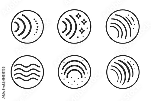 Industrial Echo Icons. Line style vector icons of Industrial Echo: metallic sound waves, curved trails, glowing fragments, layered