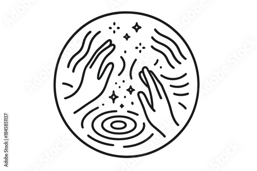 Tactile Silence Icons. Line style vector icons of Tactile Silence: floating hands, curved waves, soft rings, glowing dust, gentle