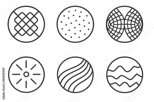 Woven Static Icons. Line style vector icons of Woven Static: interlaced lines, glowing dust, curved grids, radiant nodes, soft