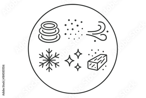 Tingling Cold Icons. Line style vector icons of Tingling Cold: icy rings, glowing dust, curved trails, radiant frost, soft shimmer