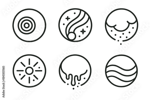 Analog Tears Icons. Line style vector icons of Analog Tears: tape rings, glowing trails, curved motion, dripping dust, radiant