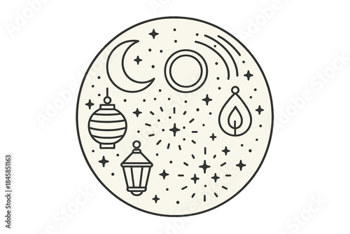 Dream Lantern Icons. Line style vector icons of Dream Lanterns: paper moons, glowing rings, curved dust, floating light, radiant