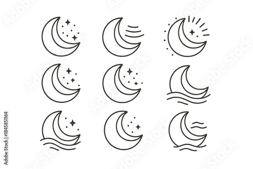 Paper Moons Icons. Line style vector icons of Paper Moons: folded crescents, glowing dust, curved lines, radiant rings, soft waves