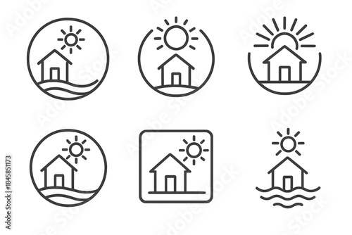 Solar Dwelling Icons. Line style vector icons of Solar Dwellings: curved rays, glowing structures, radiant beams, soft waves,