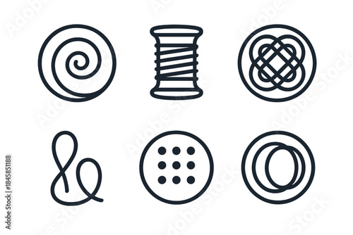 Crafted Continuum Icons. Line style round vector icons of Crafted Continuum: sculpted spiral, woven thread, circular knot,
