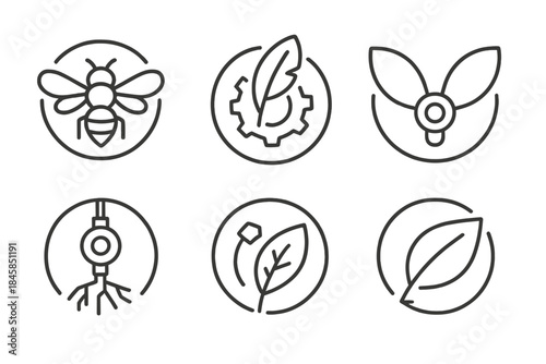 Nature Robotics Icons. Line style round vector icons of Nature Robotics: insect drone, feather gear, petal wing, shell bolt, root