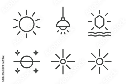 Luminous Circle Icons. Line style round vector icons of Luminous Stillness: radiant circle, suspended glow, floating beam,