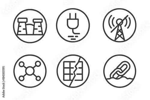 Lost Networks Icons. Line style round vector icons of Lost Networks: ancient connection, fading wire, forgotten signal, silent