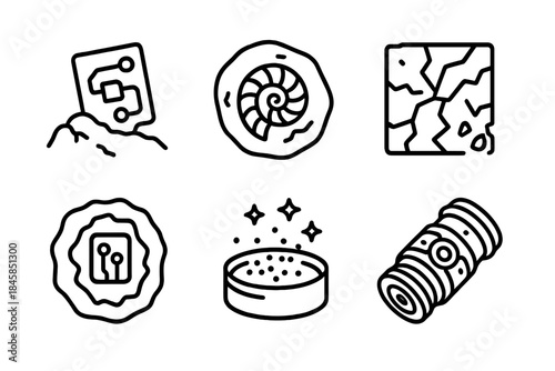 Archaeotech Relics Icons. Line style round vector icons of Archaeotech Relics: buried circuit, fossilized coil, broken pattern,