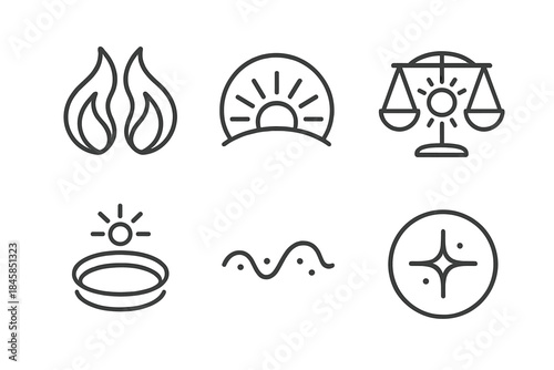 Symmetric Illumination Icons. Line style round vector icons of Symmetric Illumination: mirrored flame, curved glow, radiant