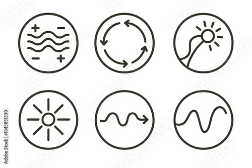 Electromagnetic Flow Icons. Line style round vector icons of Electromagnetic Flow: charged ripple, field loop, glowing path,