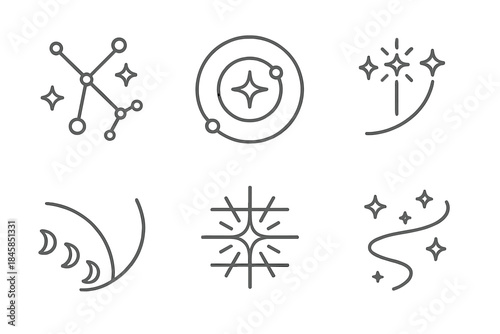 Celestial Patterns Icons. Line style round vector icons of Celestial Patterns: star map, orbital ring, glowing constellation,