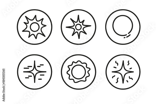 Dissonant Light Effects. Line style round vector icons of Dissonant Glow: distorted light, uneven flare, fading loop, glitch shine