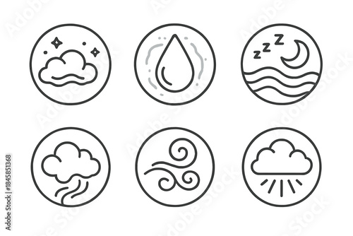 Dreamy Fog Icons. Line style round vector icons of Dream Fog: lucid haze, pale droplet, sleeping wave, night vapor, soft curl,
