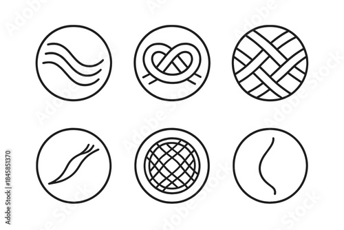 Silent Threads Icons. Line style round vector icons of Silent Threads: flowing line, soft knot, woven curve, drifting fiber,