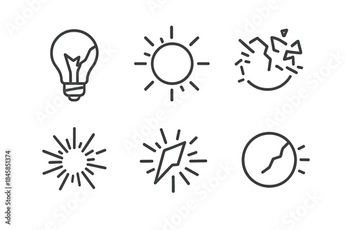 Shattered Light Icons. Line style round vector icons of Shattered Glow: broken light, fractured beam, scattered ray, glowing shard