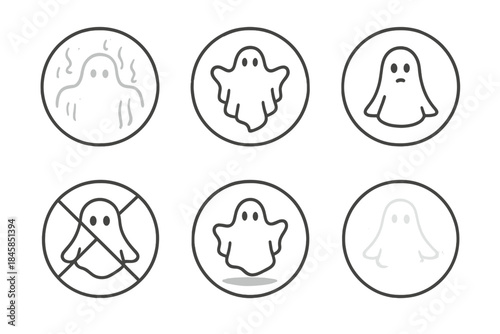 Ghostly Glass Silhouettes. Line style round vector icons of Ghosts Beneath Glass: fogged reflection, floating silhouette, pale