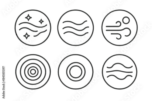 Reflective Calm Icons. Line style round vector icons of Reflective Calm: smooth shimmer, tranquil line, balanced breeze, glowing