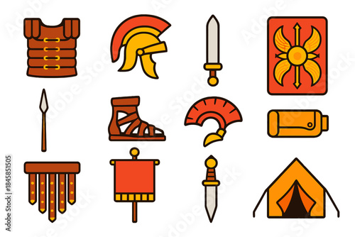 Roman Armor Icons. Flat vector icons of Ancient Roman Armor: lorica segmentata, roman helmet, gladius sword, scutum shield, pilum