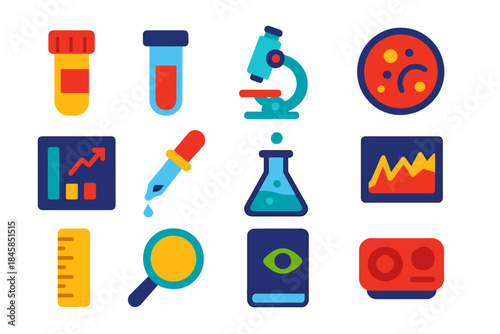 Vibrant Lab Icons. Flat vector icons of sampling and laboratory analysis: sample vial, test tube, microscope, petri dish,
