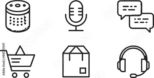 "Set of Flat Vector Icons Showing Voice Search, Chat, Shopping Cart, and Customer Support"