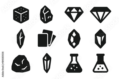 Solid Style Crystal Icons. Solid style icons of natural and synthetic examples: sugar cube, salt crystal, quartz, diamond, ice