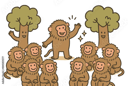 Baboon Troop Meeting. Isometric vector illustration set Artisan Weaving: wooden loom, weaving shuttle, spools of thread,