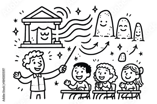 Whimsical Archaeoacoustic Classroom. Whimsical doodle archaeoacoustic classroom with happy students, cartoon temple cross-section,